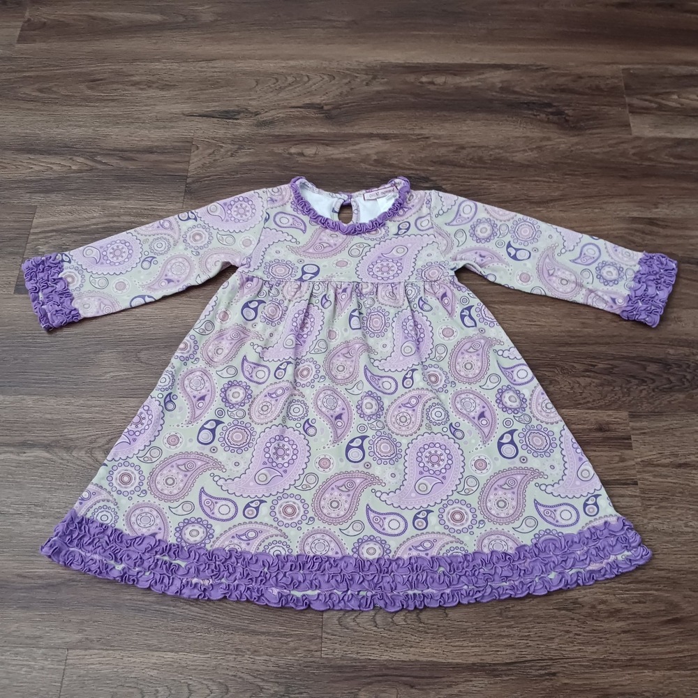 Orient Expressed Girls Purple Paisley Ruffle Long Sleeve Cotton Dress Size 6